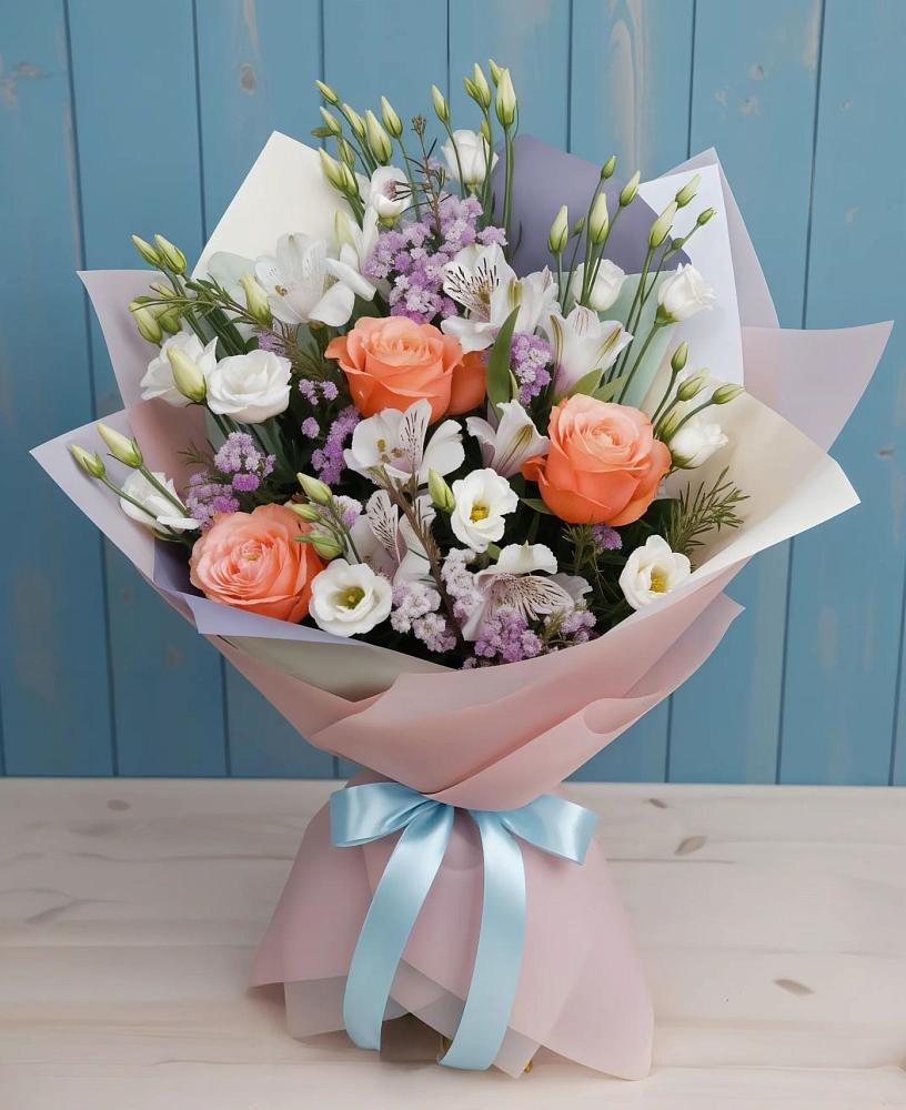 Букет цветов из: Лизиантусы, Розы, Альстромерии и Гипсофила в Царево